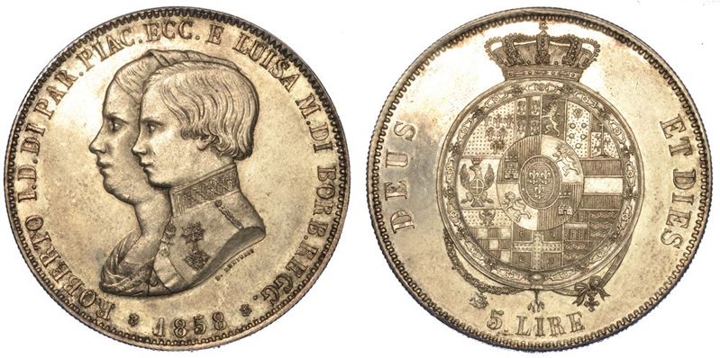 PARMA. ROBERTO DI BORBONE - REGGENZA DELLA MADRE LUISA MARIA, 1854-1859. 5 Lire 1858.  - Asta Numismatica - I - Cambi Casa d'Aste