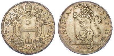 Bologna. Clemente XI, 1700-1721. Lira da 20 Bolognini 1702.