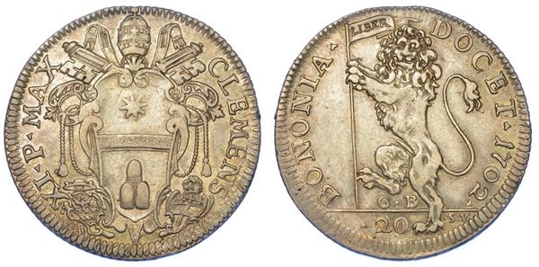 BOLOGNA. CLEMENTE XI, 1700-1721. Lira da 20 bolognini 1702.