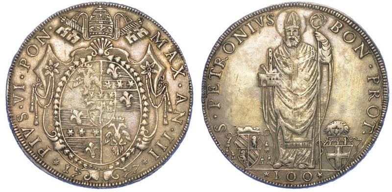 BOLOGNA. PIO VI, 1775-1799. Scudo Romano da 100 Bolognini 1777/A. III.  - Auction Numismatics - I - Cambi Casa d'Aste