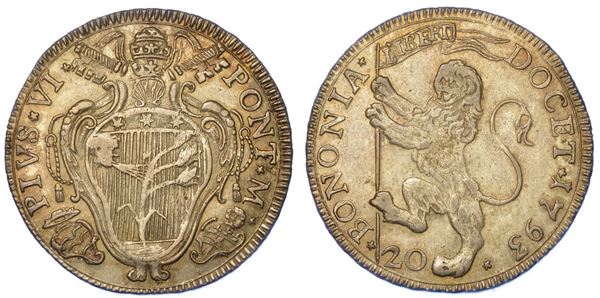 BOLOGNA. PIO VI, 1775-1799. Lira  da 30 Bolognini 1793.