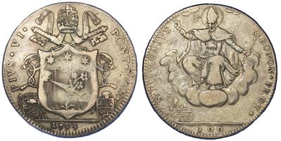 Bologna. Pio Vi, 1775-1799. Scudo da 5 Lire o 100 Bolognini 1795.