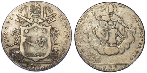 BOLOGNA. PIO VI, 1775-1799. Scudo da 5 Lire o 100 Bolognini 1795.