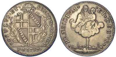 Bologna. Governo Popolare, 1796-1797. Mezzo Scudo da 5 Paoli 1797 (i Tipo).