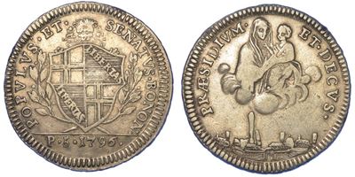 Bologna. Governo Popolare, 1796-1797. Mezzo Scudo da 5 Paoli 1796 (II Tipo - Stemma Piccolo).