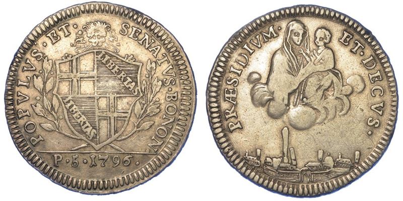 BOLOGNA. GOVERNO POPOLARE, 1796-1797. Mezzo scudo da 5 Paoli 1796 (II tipo - stemma piccolo).  - Auction Numismatics - I - Cambi Casa d'Aste