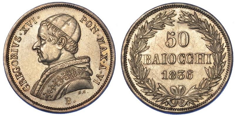 BOLOGNA. GREGORIO XVI, 1831-1846. 50 Baiocchi 1836/A. VI.  - Asta Numismatica - I - Cambi Casa d'Aste