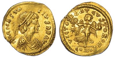 Ravenna (o Roma). Ostrogoti. Teodorico, 489-526. Tremisse a Nome di Anastasio I.