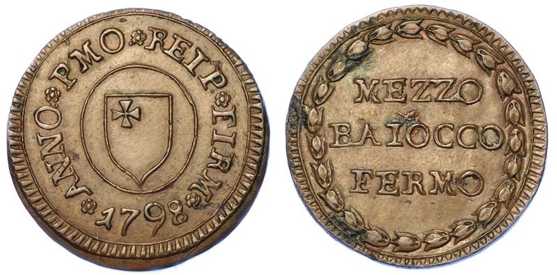 FERMO. REPUBBLICA FIRMANA, 1798. Mezzo baiocco A. I/1798.  - Asta Numismatica - I - Cambi Casa d'Aste