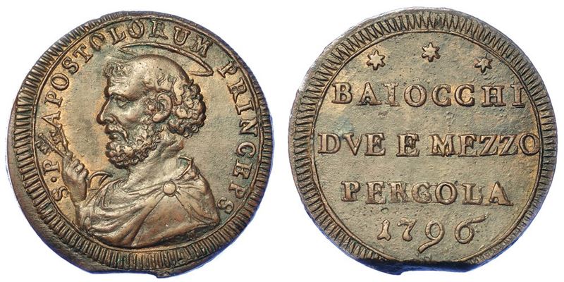 PERGOLA. PIO VI, 1775-1799. Sampietrino da 2 Baiocchi e mezzo 1796.  - Asta Numismatica - I - Cambi Casa d'Aste