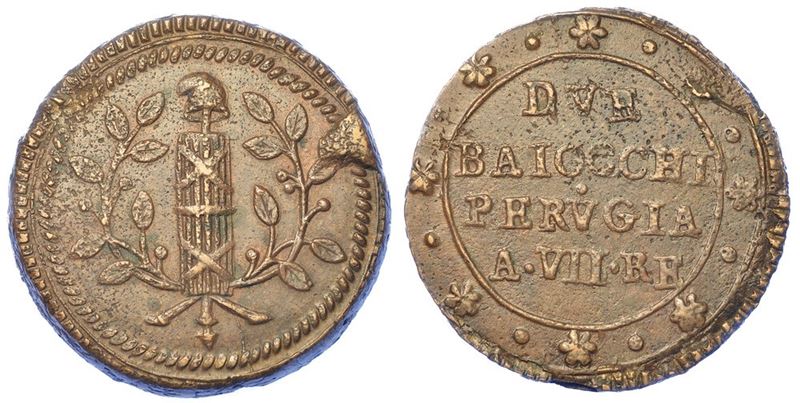 PERUGIA. PRIMA REPUBBLICA ROMANA, 1798-1799. 2 baiocchi anno VII (1799).  - Auction Numismatics - I - Cambi Casa d'Aste