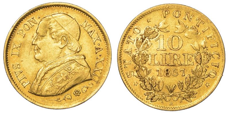 ROMA. PIO IX, 1846-1878. 10 Lire 1867/A. XXII.  - Auction Numismatics - I - Cambi Casa d'Aste