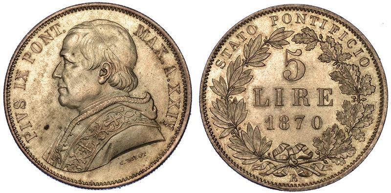 ROMA. PIO IX, 1846-1878. 5 Lire 1870/A. XXIV.  - Asta Numismatica - I - Cambi Casa d'Aste