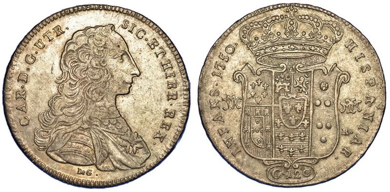 NAPOLI. CARLO DI BORBONE, 1734-1759. Piastra da 120 Grana 1750.  - Auction Numismatics - I - Cambi Casa d'Aste