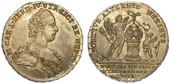 NAPOLI. FERDINANDO IV DI BORBONE, 1759-1816. Carlino o medaglia 1768. Per le nozze di Ferdinando con Maria Carolina d'Austria.