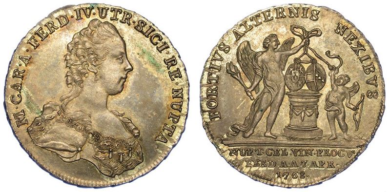 NAPOLI. FERDINANDO IV DI BORBONE, 1759-1816. Carlino o medaglia 1768. Per le nozze di Ferdinando con Maria Carolina d'Austria.  - Asta Numismatica - I - Cambi Casa d'Aste