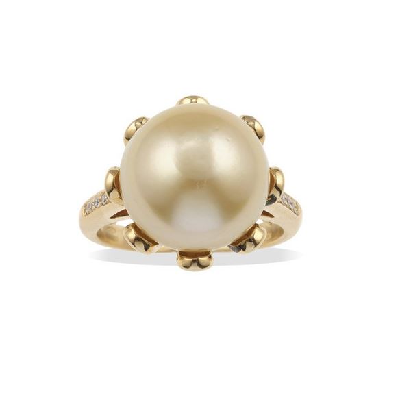 Cultured gold pearl and diamond ring