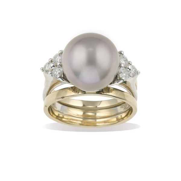 Cultured grey pearl and diamond ring