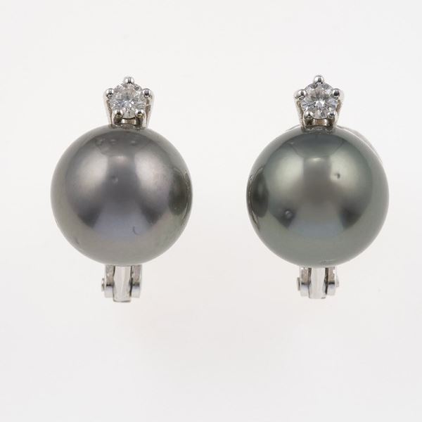 Pair of cultured grey pearl and diamond earrings