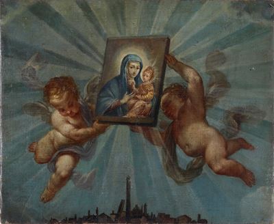Scuola del XVIII Secolo Putti che Reggono L'effigie della Vergine con il Bambino