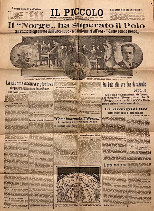 1926, Giornali, due copie dl quotidiano "Il Piccolo", una del 12/13 Maggio e l'altra del 14/15 Maggio 1926