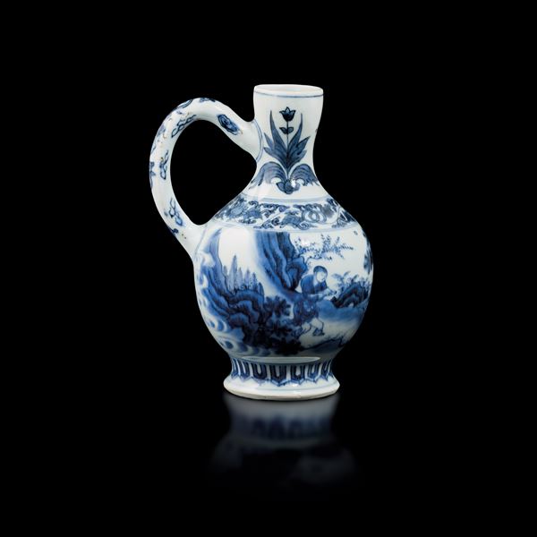 Teiera in porcellana bianca e blu a decoro paesaggistico, Cina, Dinastia Qing, epoca Shunzhi (1644-1661)