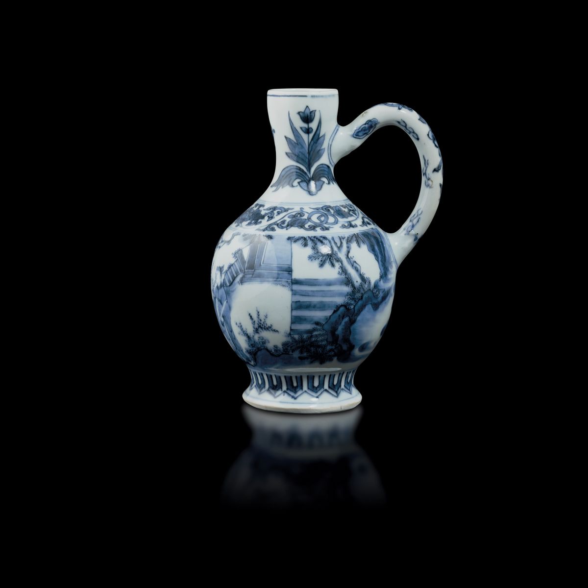 Teiera in Porcellana Bianca e Blu a Decoro Paesaggistico, Cina, Dinastia Qing, Epoca Shunzhi (164...