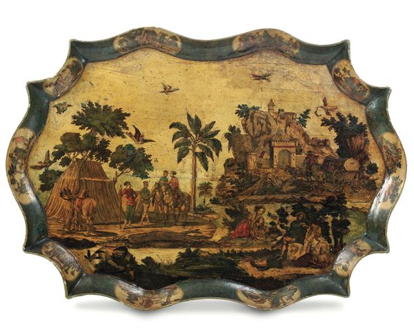 Vassoio in legno dipinto e laccato ad arte povera. Veneto XVIII secolo