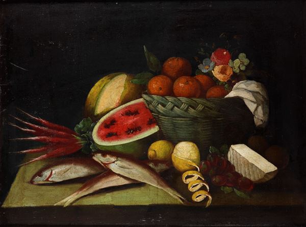 Scuola del XIX secolo Nature morte con frutti, ortaggi e fiori