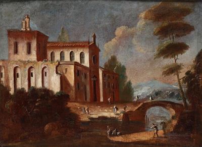 Paesaggio Fluviale con Palazzo e Contadini