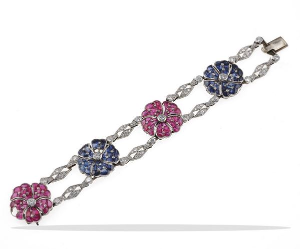 Bracciale "fiori" con diamanti, rubini e zaffiri sintetici