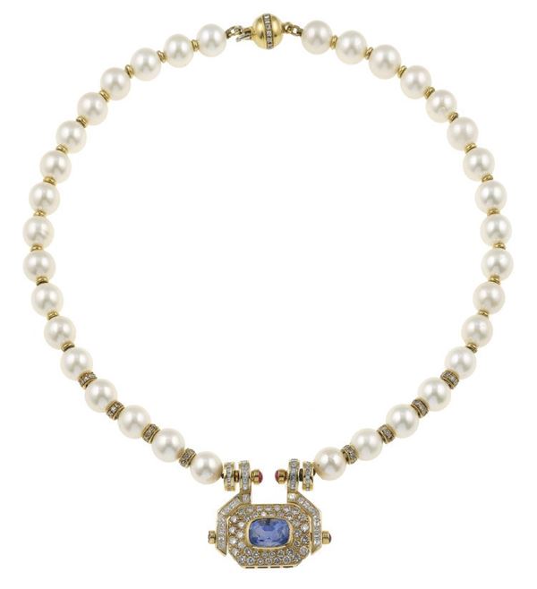 Cultured pearl, diamond and sapphire necklace. Engraved "Bulgari"