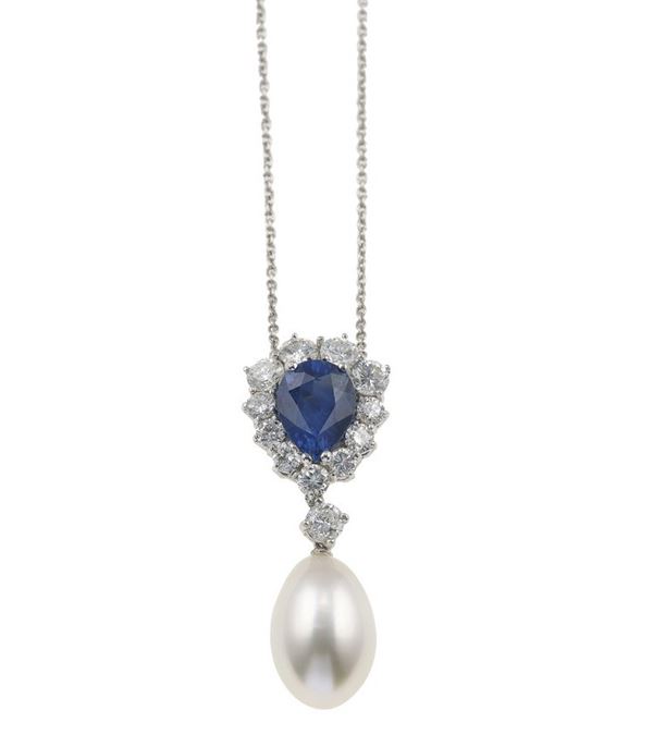 Diamond, sapphire and pearl necklace