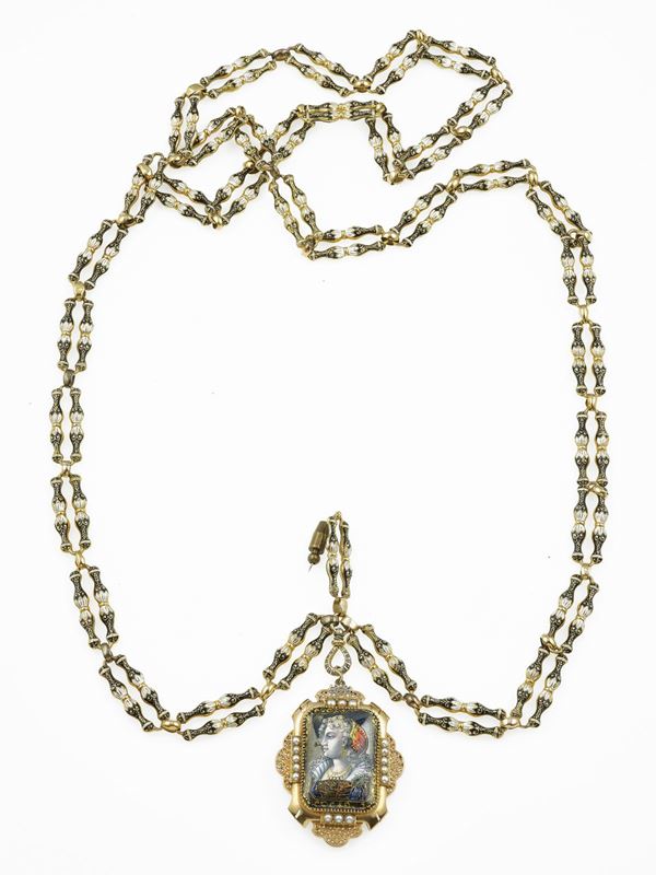 Enamel and pearl sautoir with pendant/brooch