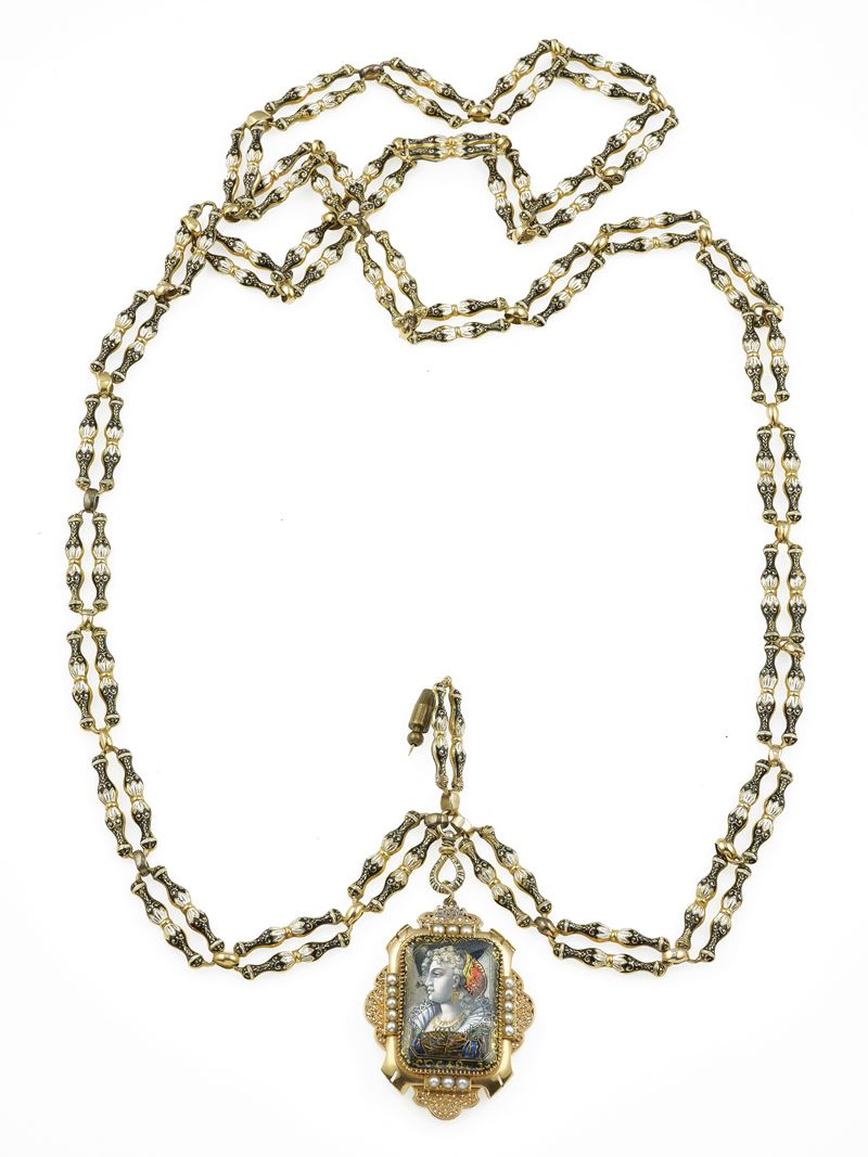 Enamel and pearl sautoir with pendant/brooch  - Auction Fine Jewels - Cambi Casa d'Aste