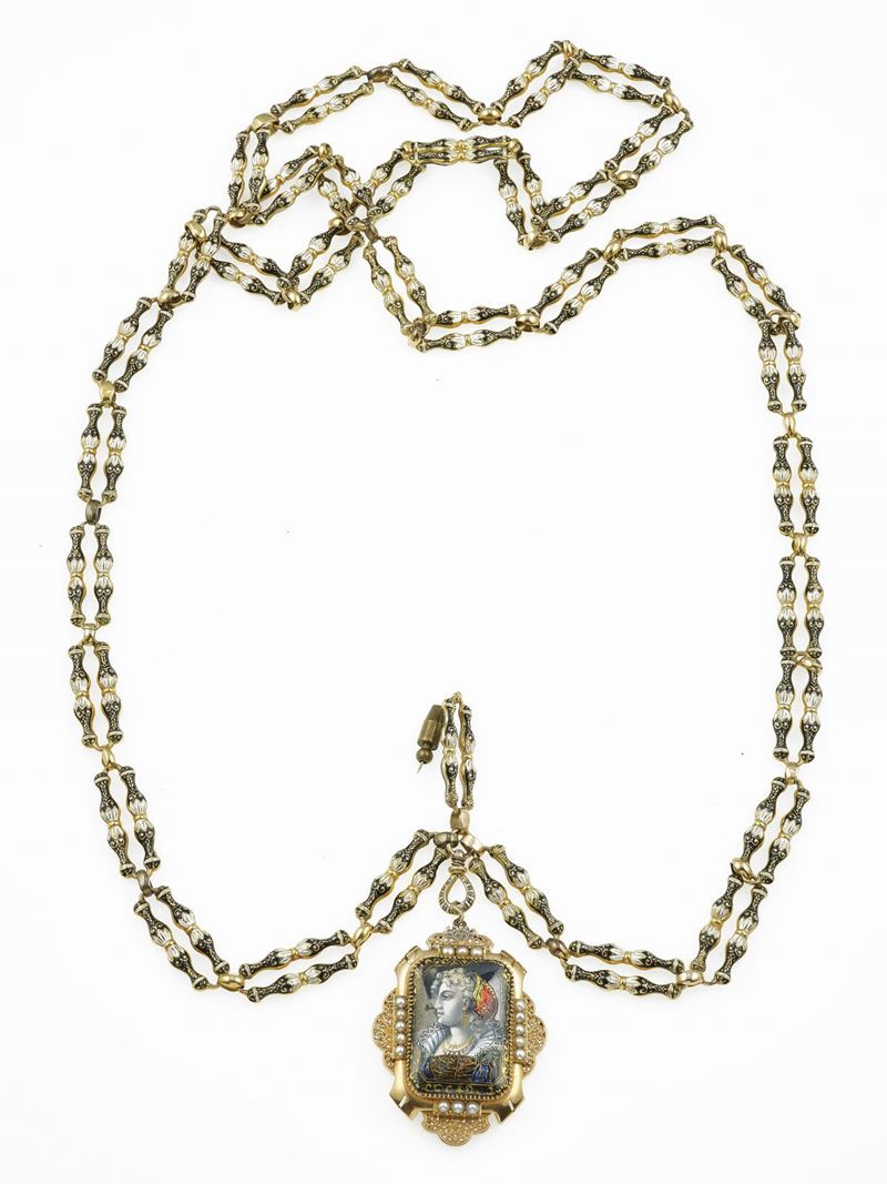 Sautoir con pendente/spilla con perle e miniatura in smalti policromi  - Asta Fine Jewels - Cambi Casa d'Aste