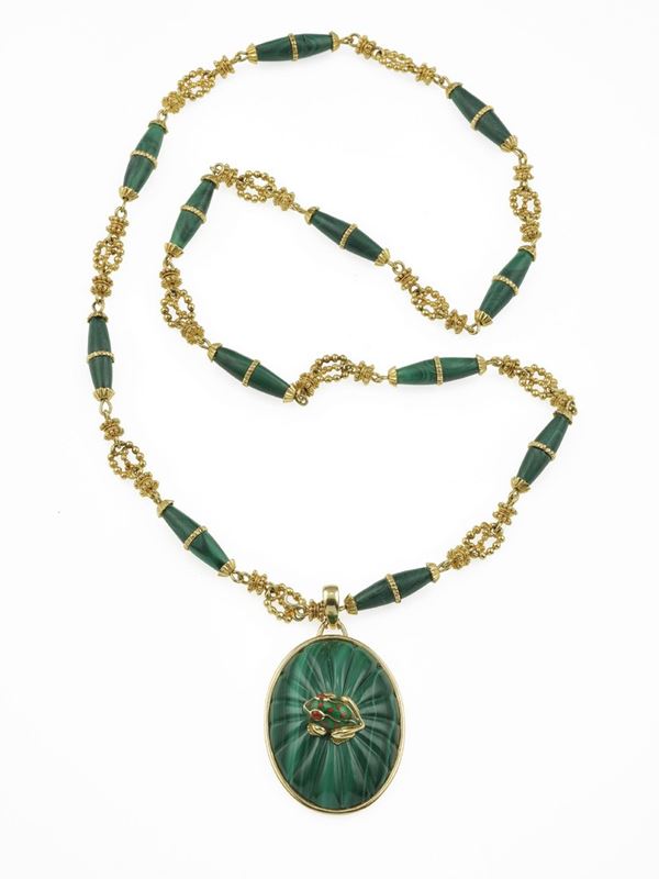 Enamel, malachite and gold pendant. Signed David Webb