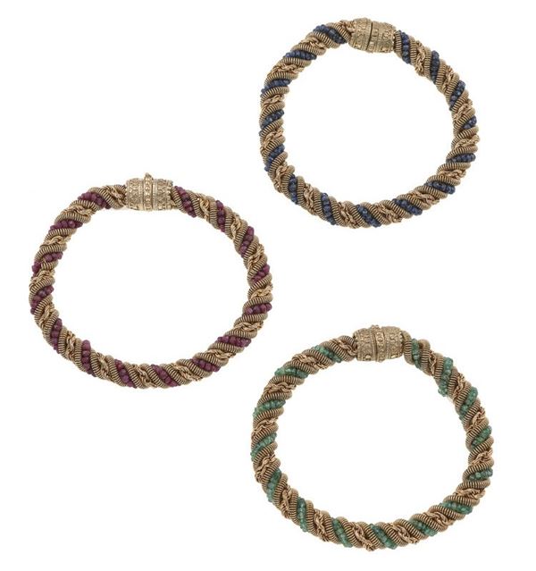 Three gem-set and low-karats gold bracelets