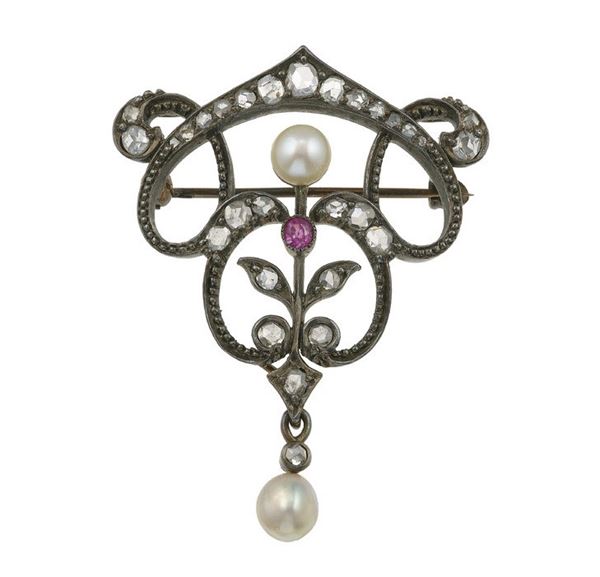 Ruby, pearl and rose-cut diamond brooch/pendant