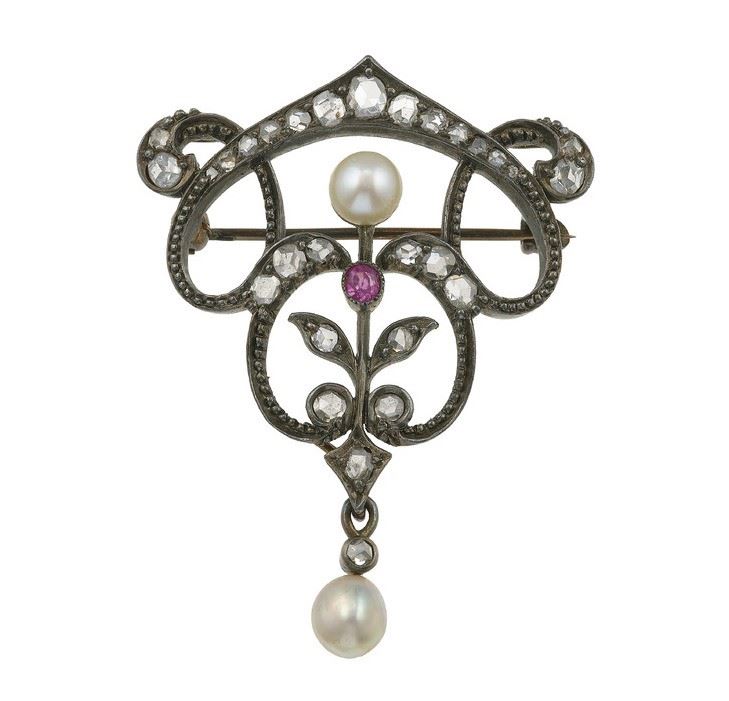 Ruby, pearl and rose-cut diamond brooch/pendant  - Auction Jewels - Cambi Casa d'Aste