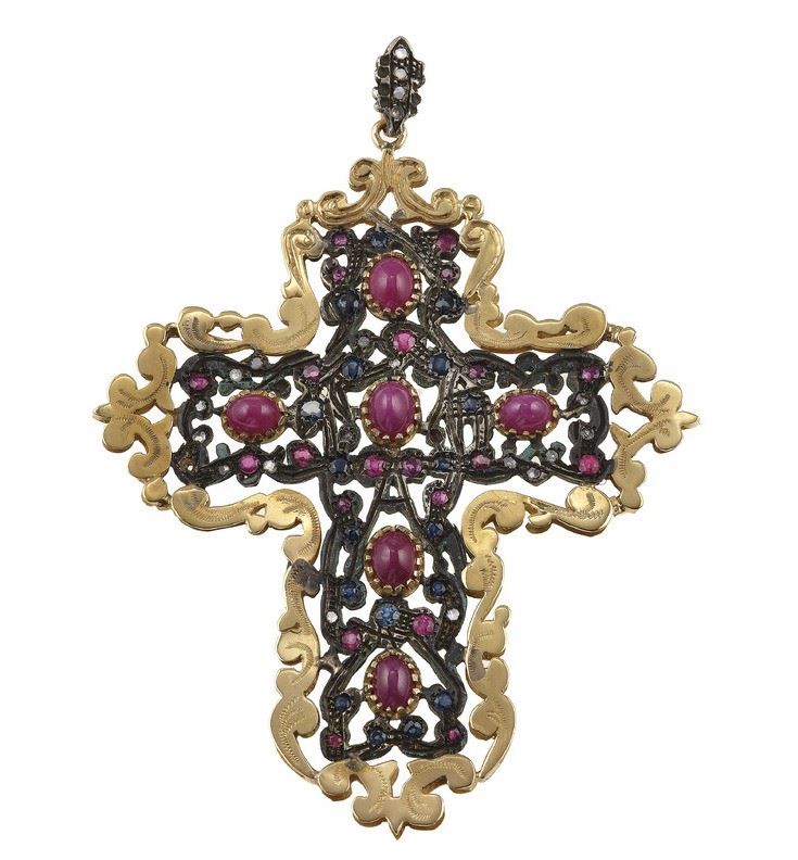 Ruby, sapphire and rose-cut diamond pendant cross  - Auction Jewels - Cambi Casa d'Aste