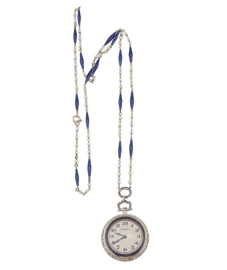 Enamel, pearl and diamond pendant watch. Signed Cartier  - Auction Fine Jewels - Cambi Casa d'Aste