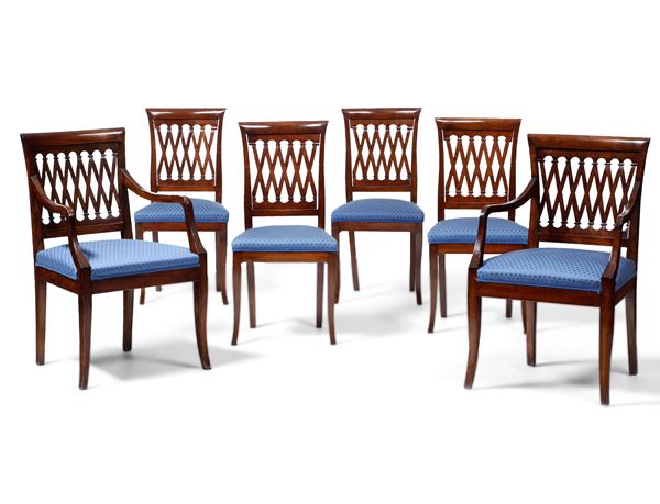 Insieme di due poltrone e quattro sedie in mogano. Inghilterra XIX secolo