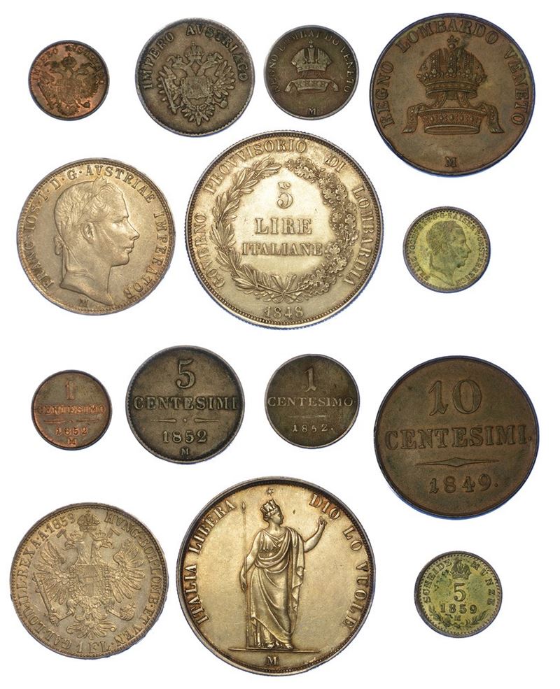 MILANO - GOVERNO PROVVISORIO DI LOMBARDIA E FRANCESCO GIUSEPPE. Lotto di sette monete.  - Asta Numismatica - I - Cambi Casa d'Aste