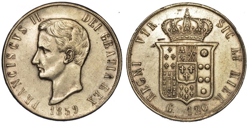 NAPOLI. FRANCESCO II DI BORBONE, 1859-1860. Piastra da 120 Grana 1859.  - Auction Numismatics - I - Cambi Casa d'Aste