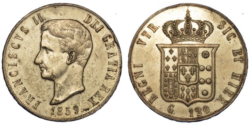 NAPOLI. FRANCESCO II DI BORBONE, 1859-1860. Piastra da 120 Grana 1859.  - Auction Numismatics - I - Cambi Casa d'Aste