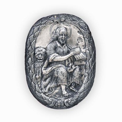 Placca da Confraternita Raffigurante Sa Marco Evangelista. Palermo 1710. Console e Argentiere Pla...