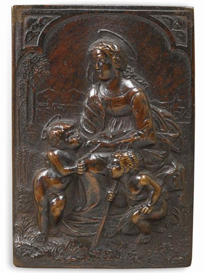 Placchetta Raffigurante Madonna con Bambino e San Giovannino. Fonditore Rinascimentale Italiano d...