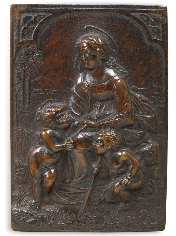 Placchetta raffigurante Madonna con Bambino e San Giovannino. Fonditore rinascimentale italiano del XVI secolo