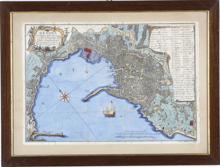 Gio Lorenzo Guidotti-Giacomo Brusco Genova nel solo giro delle sue mura vecchie con l'esposizione delle chiese e dei luoghi principali... Genova,  1766  - Asta Stampe, Vedute e Carte Geografiche - Cambi Casa d'Aste